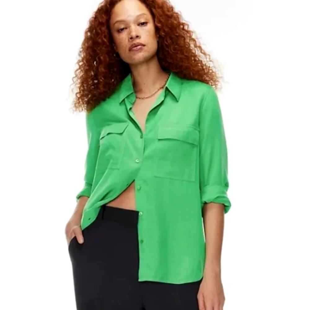 Babaton 100% Tencel Roll Tab Long Sleeve Utility Shirt in Green Size L NWOT $88